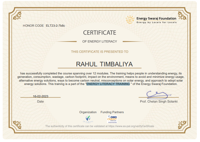 Energy Literacy Certificate